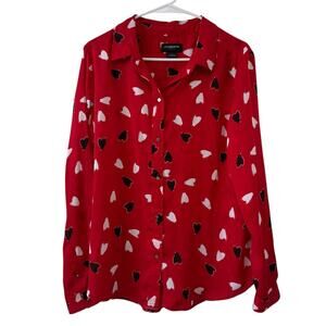 Liz Claiborne Large Red Black White Heart Print Semi-Sheer Button Front Blouse